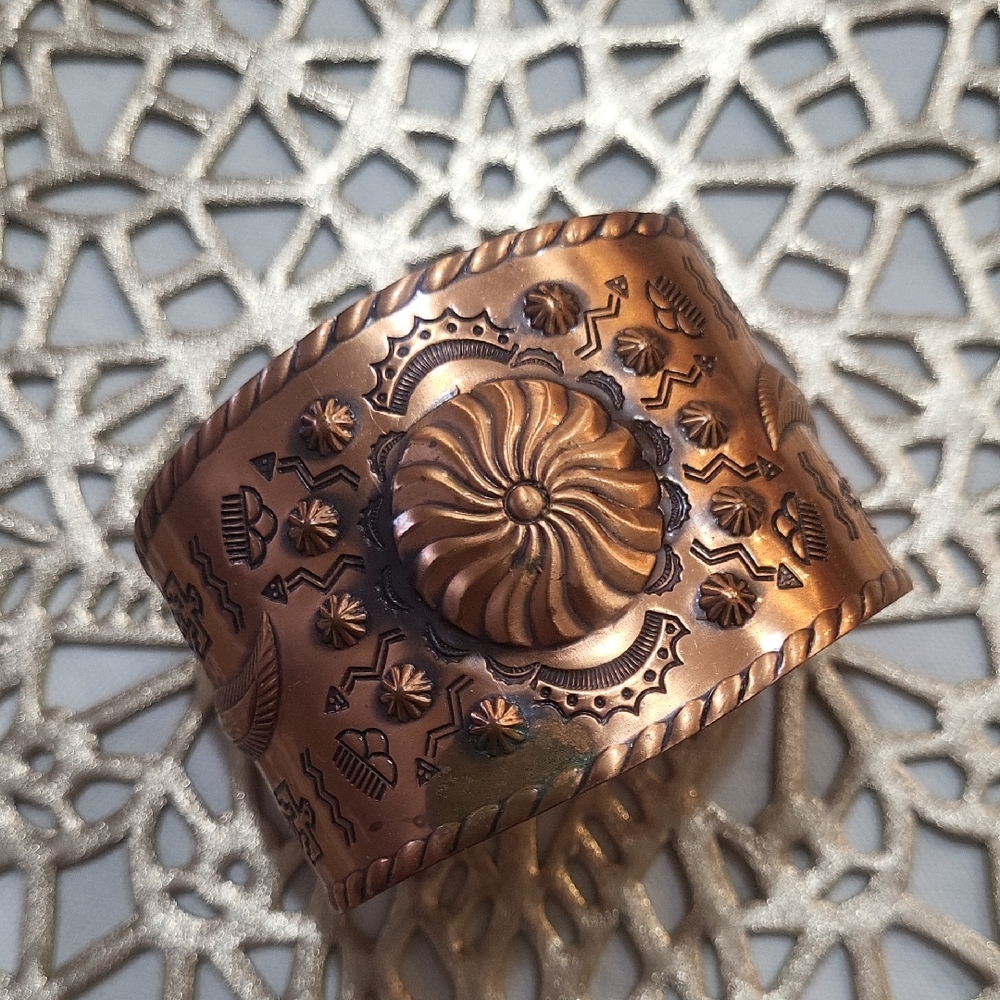 Vintage Bell Trading Copper Cuff Bracelet Stamped Western Southwestern Boho